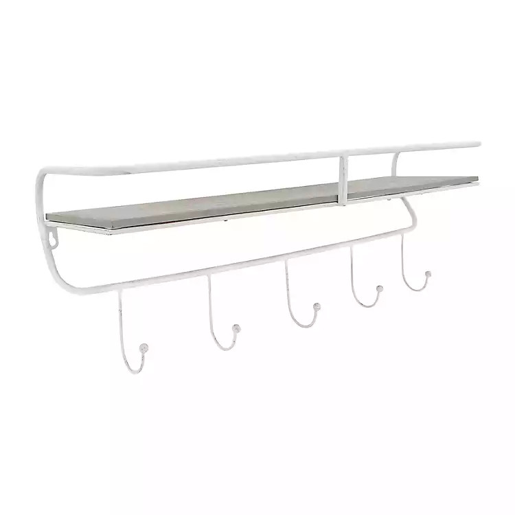 White Metal and Gray Wood Wall Shelf with Hooks | Kirkland's Home