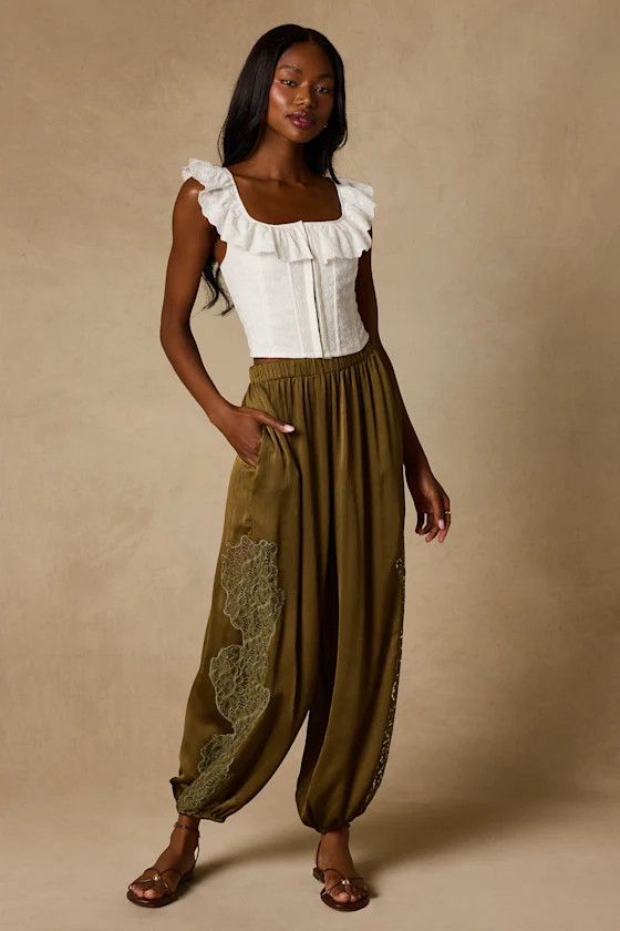 Evette Olive Green Lace High-Rise Jogger Pants | Lulus