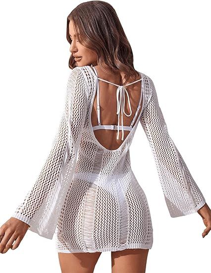Floerns Women's Crochet Cover Up Long Sleeve Hollow Out Bikini Swimsuit Beach Cover Up Swimwear | Amazon (US)