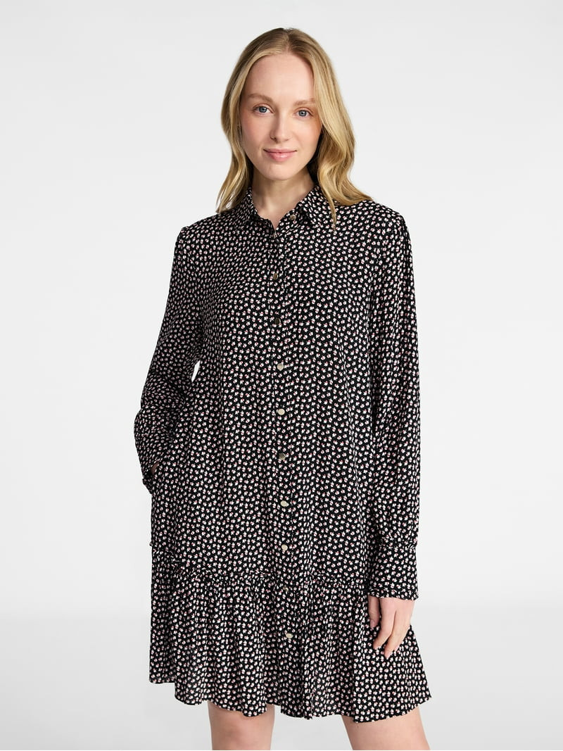 Time and Tru Women's Ruffle Mini Shirtdress, Sizes XS-XXXL | Walmart (US)