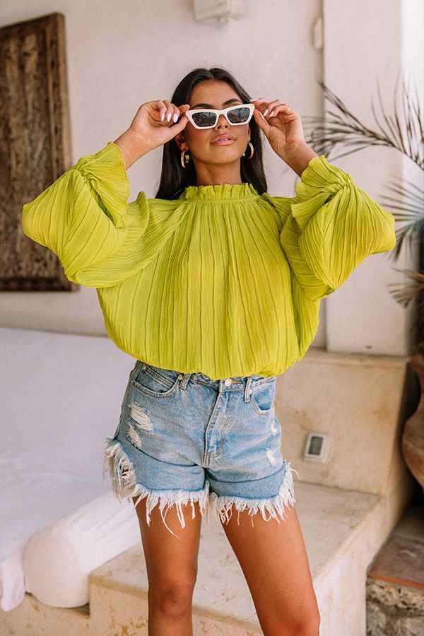 Tea Party Vibes Pleated Top in Lime Punch | Impressions Online Boutique