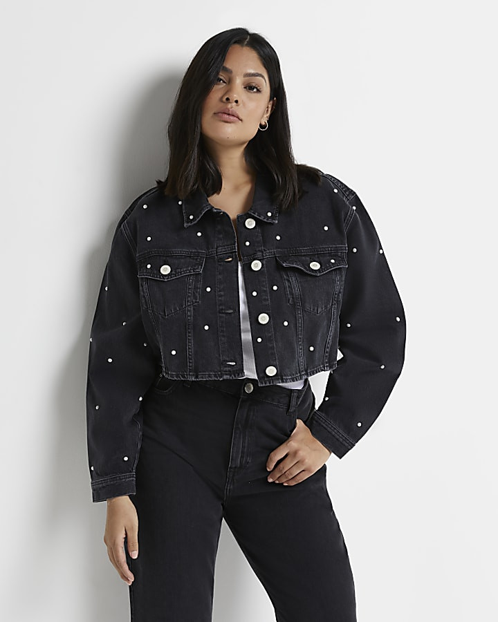 Plus black pearl cropped denim jacket | River Island (UK & IE)