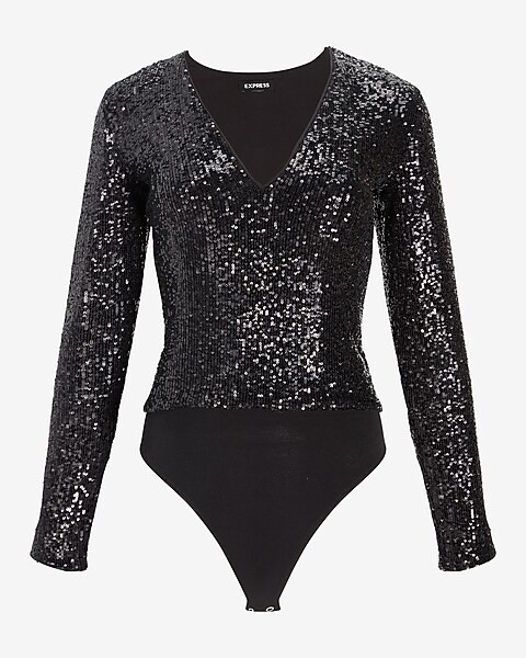 Sequin Deep V-Neck Thong Bodysuit | Express