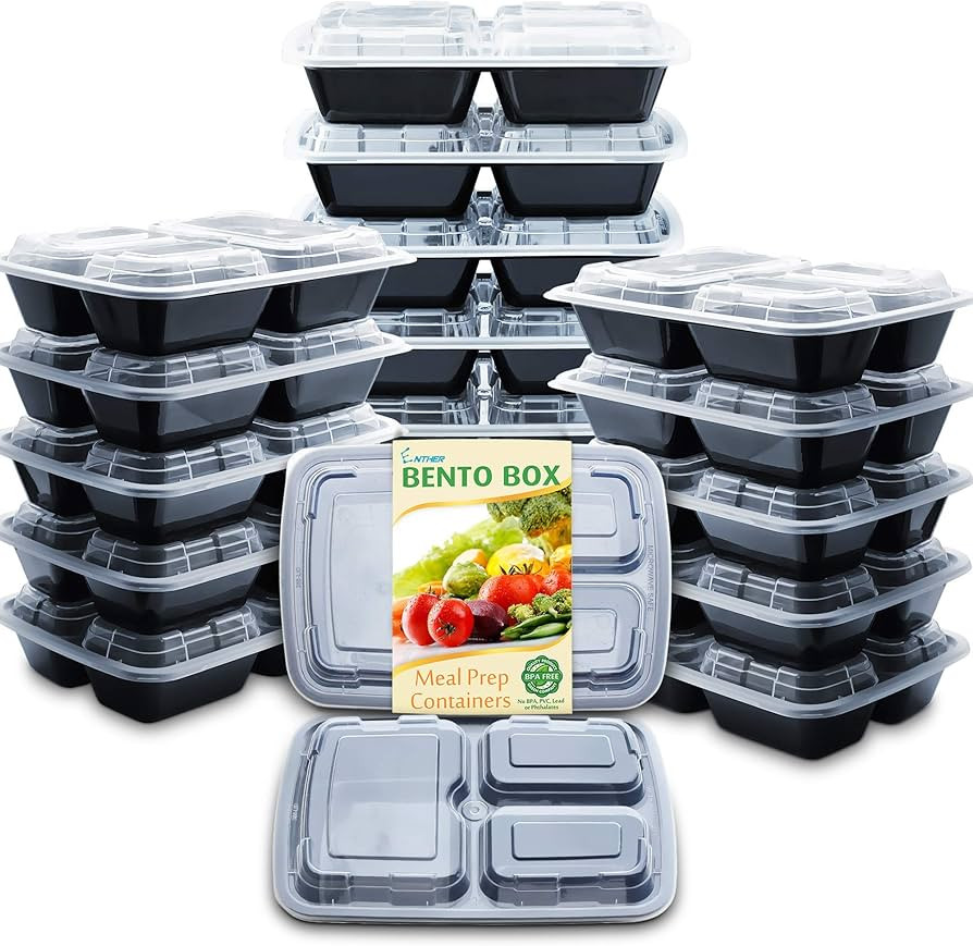 Enther Meal Prep Containers with Lids 20 Pack 3 Compartment Food Storage Bento Lunch Box BPA Free, Reusable, Microwave/Dishwasher/Freezer Safe, 24oz Black Small | Amazon (US)