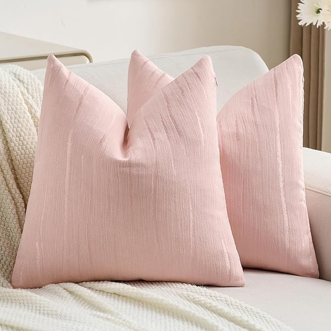 FUTEI Pink Chenille Decorative Throw Pillow Covers 18x18 Inch Set of 2,Soft Embossed Striped Text... | Amazon (US)