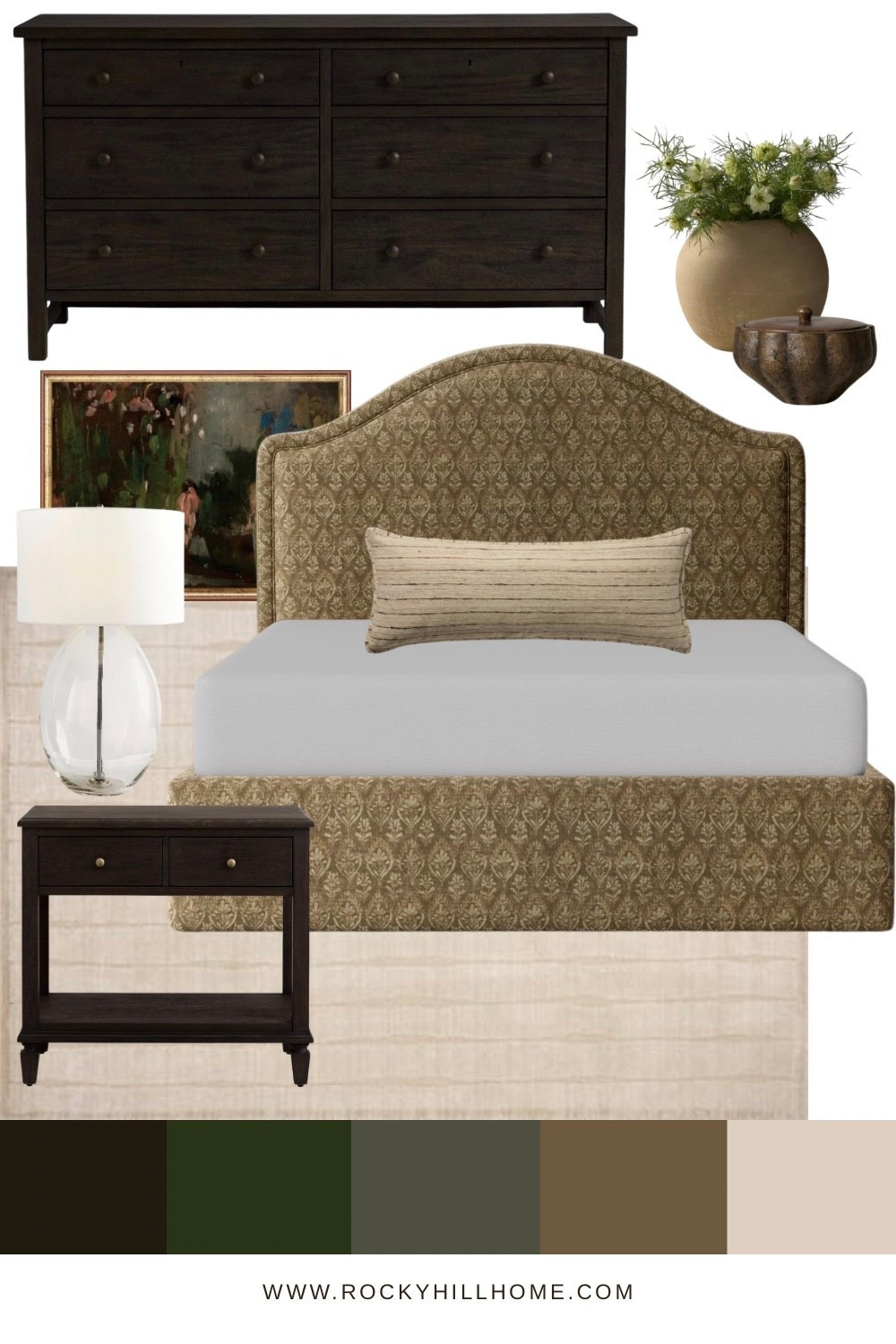 Moody neutral bedroom  🤎 This bedroom layers rich black wood dresser and nightstands from Pottery Barn, tan patterned bed from Joon Loloi, and soft linen textures for a warm, timeless look that feels elevated but livable. Save this if you love cozy, collected spaces and shop the pieces below.

#LTKHome