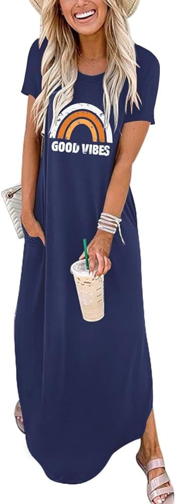 ANRABESS Women's Summer Casual Loose Short Sleeve Long T Shirt Dress Split Maxi Beach Sundress Tr... | Amazon (US)