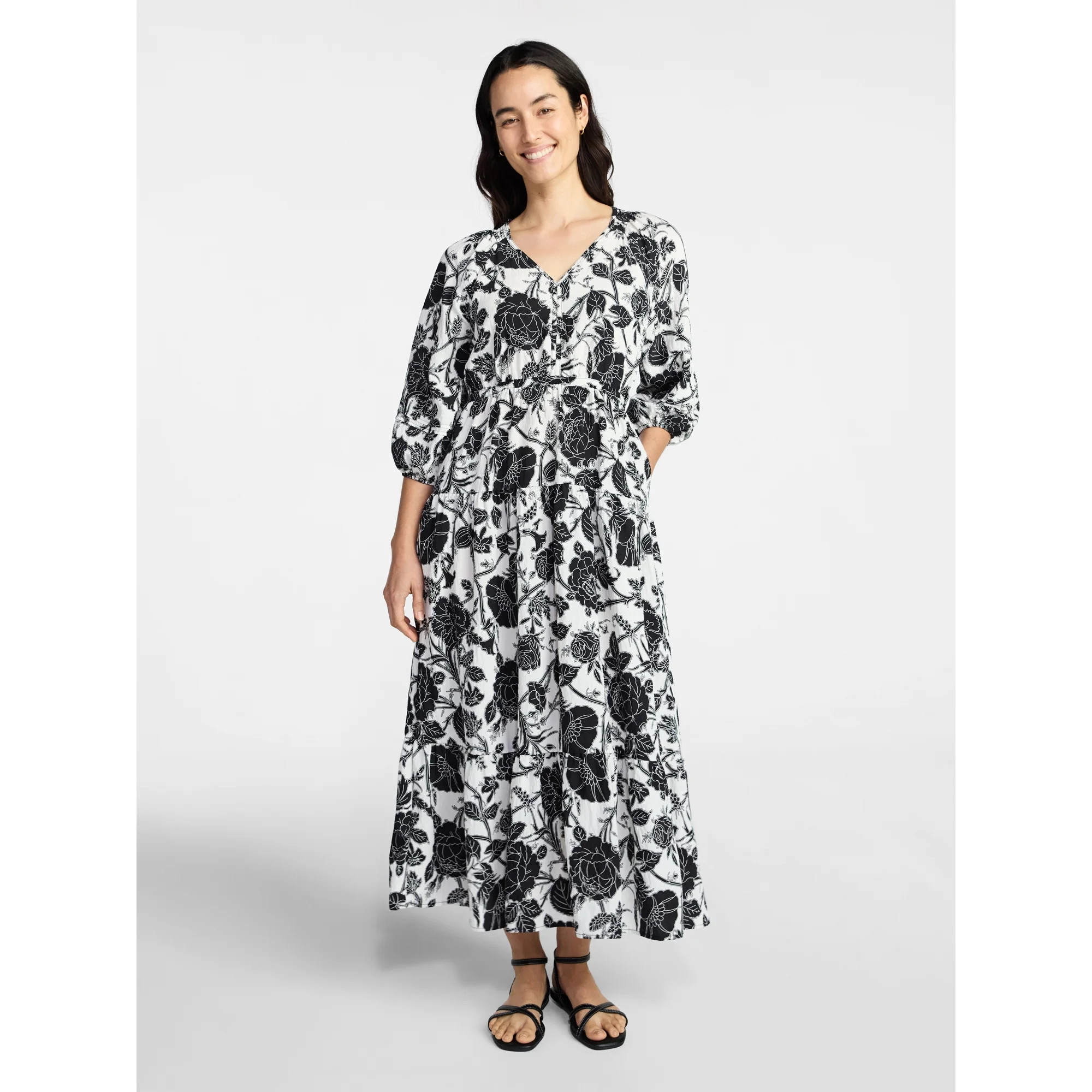 Time and Tru Women's V-Neck Maxi Dress with ¾-Length Sleeves, Sizes XS-XXXL | Walmart (US)