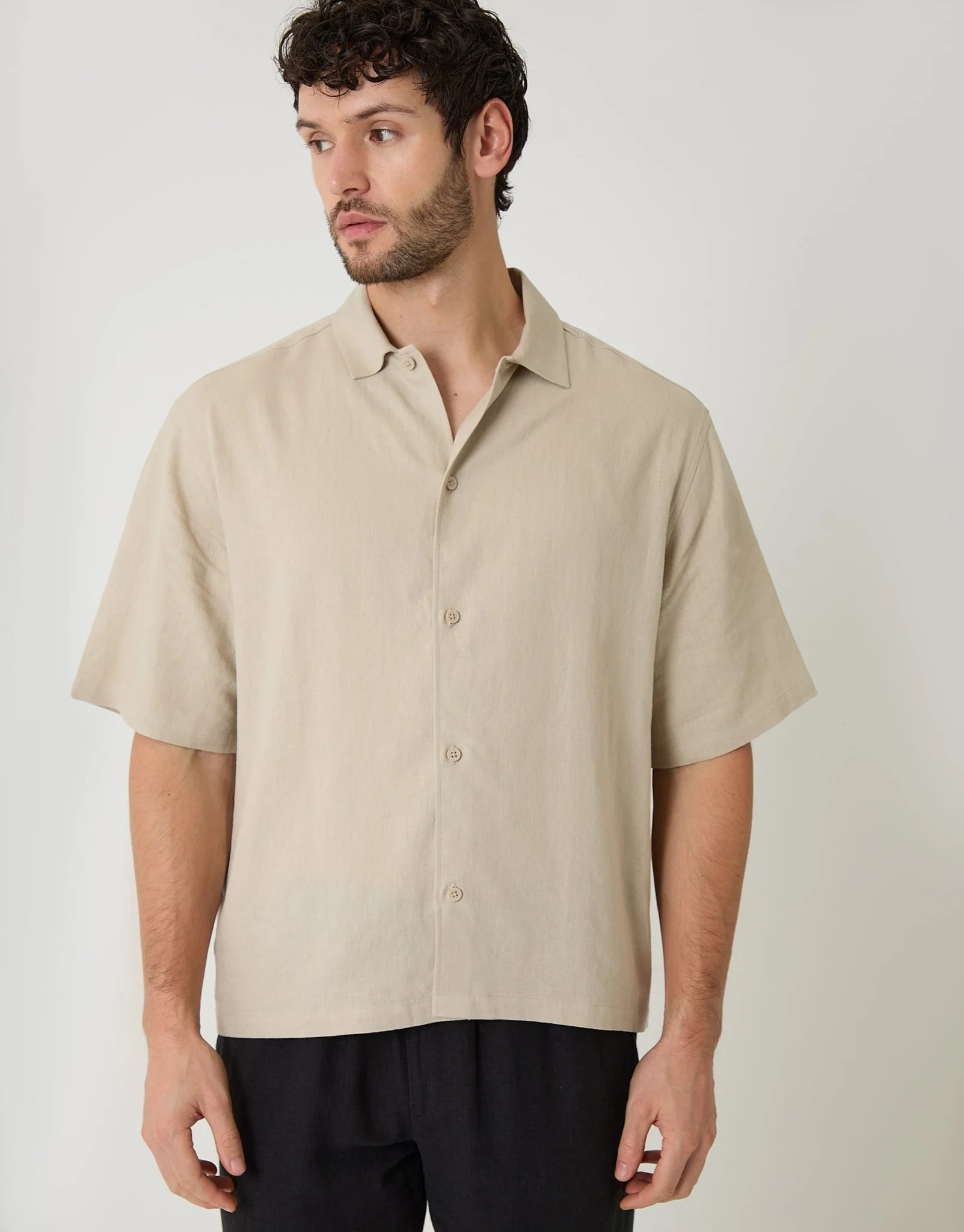 Boxy Fit Linen Blend Short Sleeve Shirt in Stone | Threadbare UK