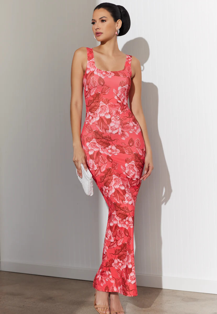 Caterina Long Stretch Dress in Coral Grandiflora | Ala von Auersperg