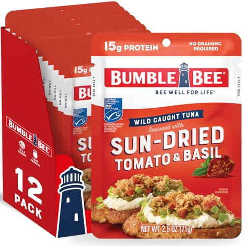 Bumble Bee Sun-Dried Tomato & Basil Seasoned Tuna, 2.5 oz Pouches (Pack of 12) - Ready to Eat - Wild Caught Tuna Packet - 15g Protein per Serving - Gluten Free | Amazon (US)