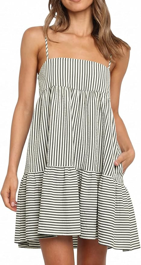Wenrine Womens Summer Striped Mini Dress Casual Spaghetti Strap Sleeveless A Line Beach Sundress ... | Amazon (US)