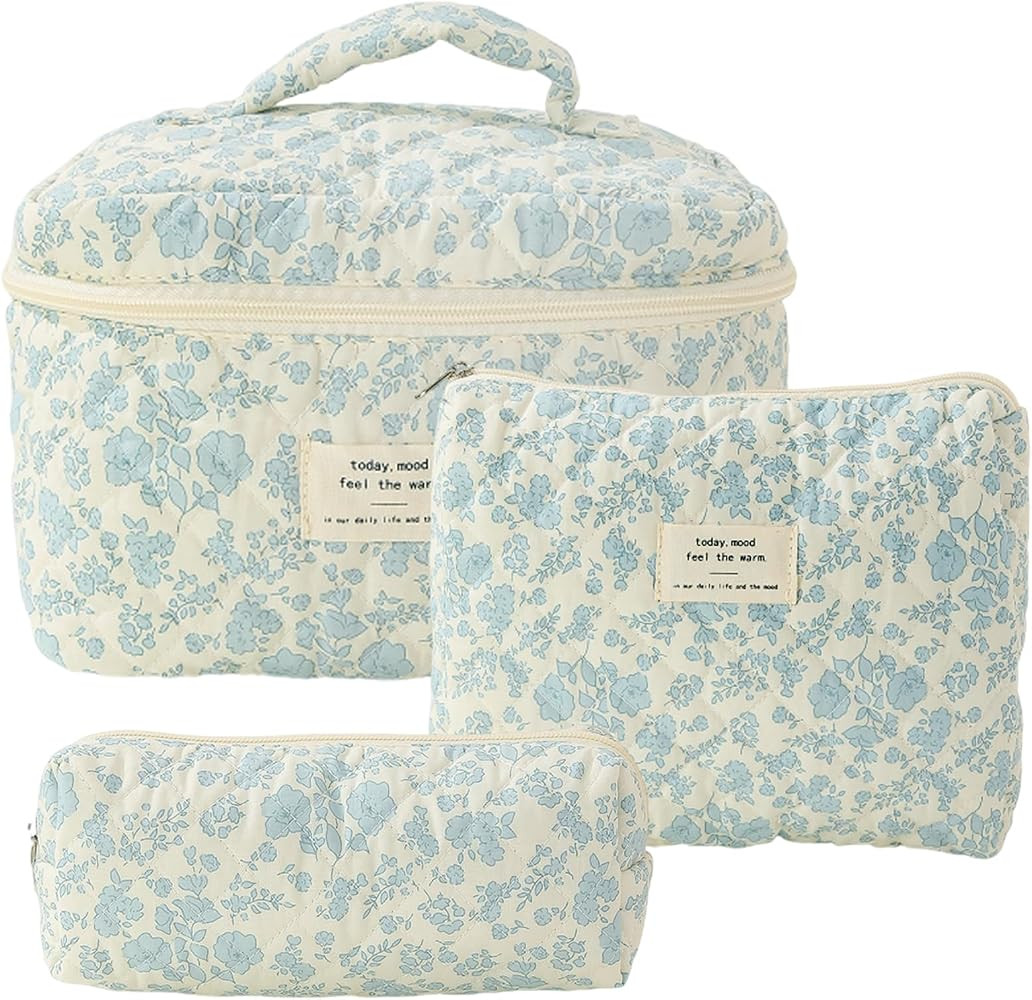 3 Pcs Cotton Quilted Makeup Bag Set, Floral Cotton Cosmetic Bag, Cute Makeup Bag, Aesthetic Toile... | Amazon (US)