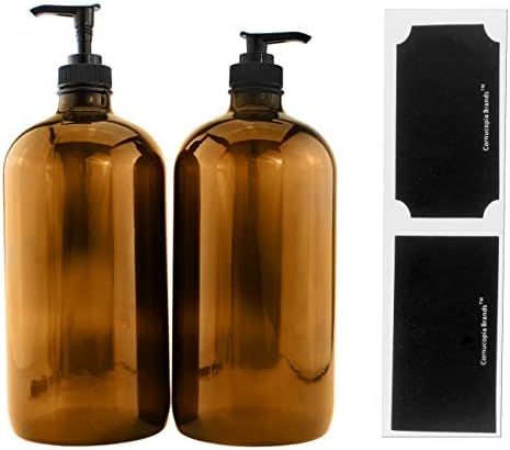32-Ounce Amber Glass Lotion Pump Bottles (2-Pack); Quart Size Brown Bottles w/Black Plastic Soap,... | Amazon (US)