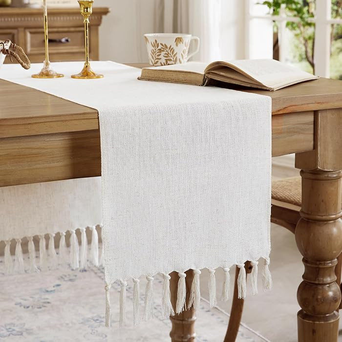 Cotton Linen Table Runner, 13x72 Inch, Off White with Hand Tassels | Amazon (US)