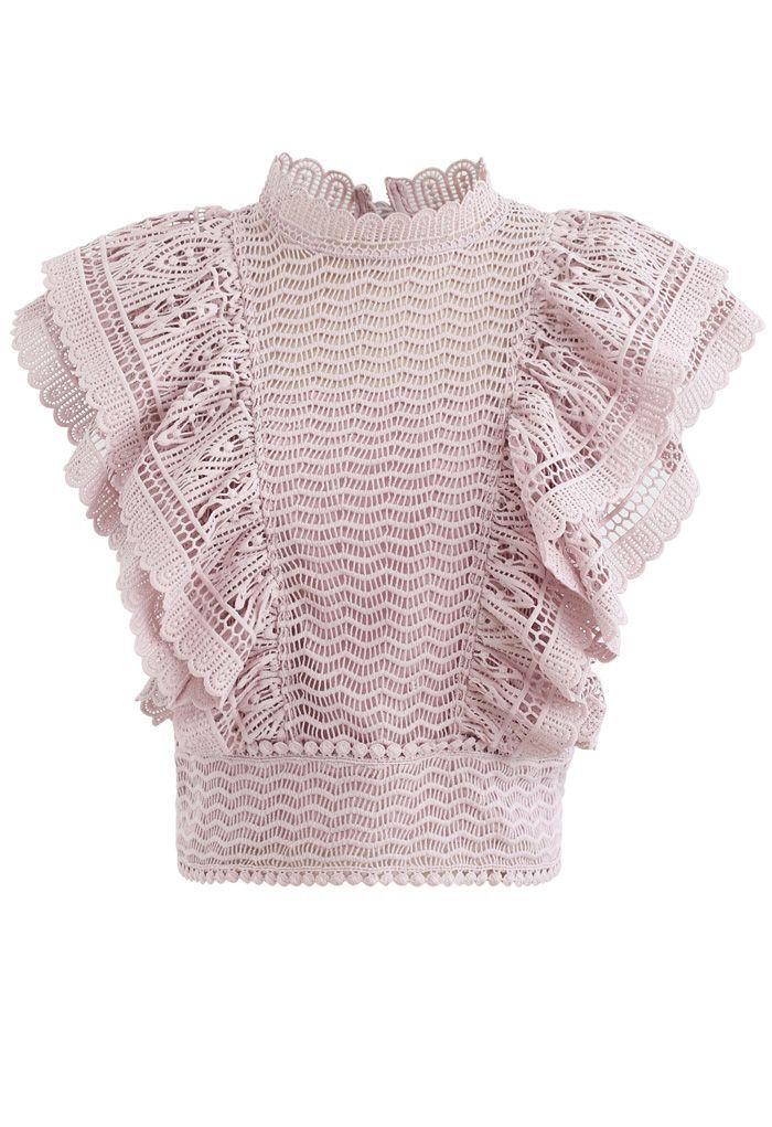 Tiered Ruffle Crochet Mock Neck Sleeveless Top in Pink | Chicwish
