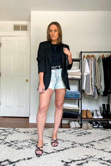 Dressy casual outfit. Summer outfit. Blazer. Denim shorts.

Sizing
Bodysuits are a medium.
Go up one size in H&M shorts.
Heels are a 9.5 (a half size up from usual size)

#LTKunder50 #LTKstyletip #LTKunder100