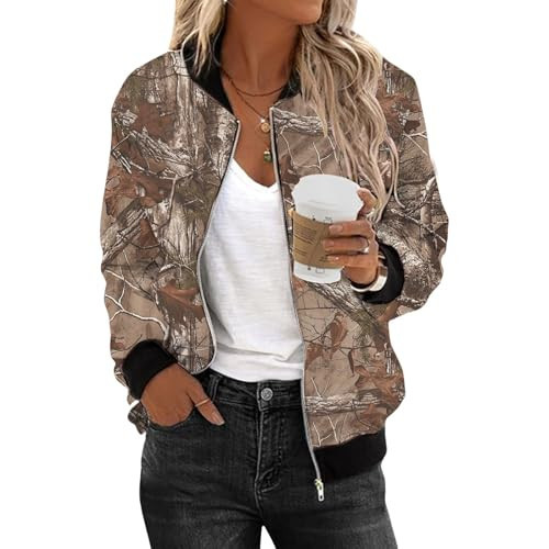 Tazeap Women's Camo Bomber Jacket Maple Leave Print Lightweight Jacket Zip Up Long Sleeve Windbreaker with Pockets | Amazon (US)