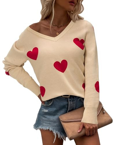 betterTime Valentine Sweaters for Women Long Sleeve V Neck Sweaters Casual Pullover Lightweight Cute Tops Streetwear Beige Red Hearts XXL | Amazon (US)