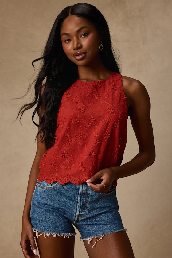 Pleasant Personality Rust Floral Embroidered Crew Neck Tank Top | Lulus