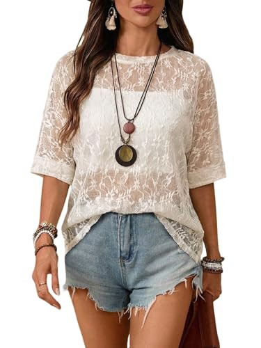 SOLY HUX Women's Boho Short Sleeve Floral Mesh Lace Tops | Amazon (US)