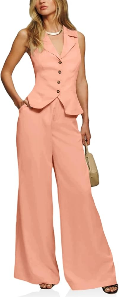 Cicy Bell Womens Vest Sets Summer 2 Piece Outfits Button Crop Blazer Vest and Wide Leg Pant Suits | Amazon (US)