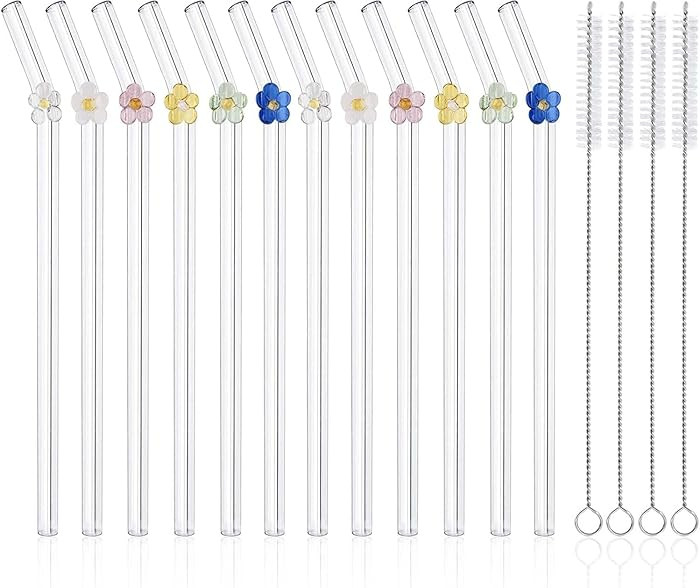 12 Pcs Reusable Glass Straws with 4 Cleaning Brushes, Cute Colorful Flower Glass Straws Shatter R... | Amazon (US)