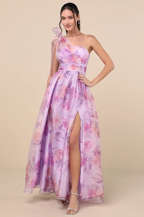 Dramatically Lovely Lavender Floral One-Shoulder Maxi Dress | Lulus