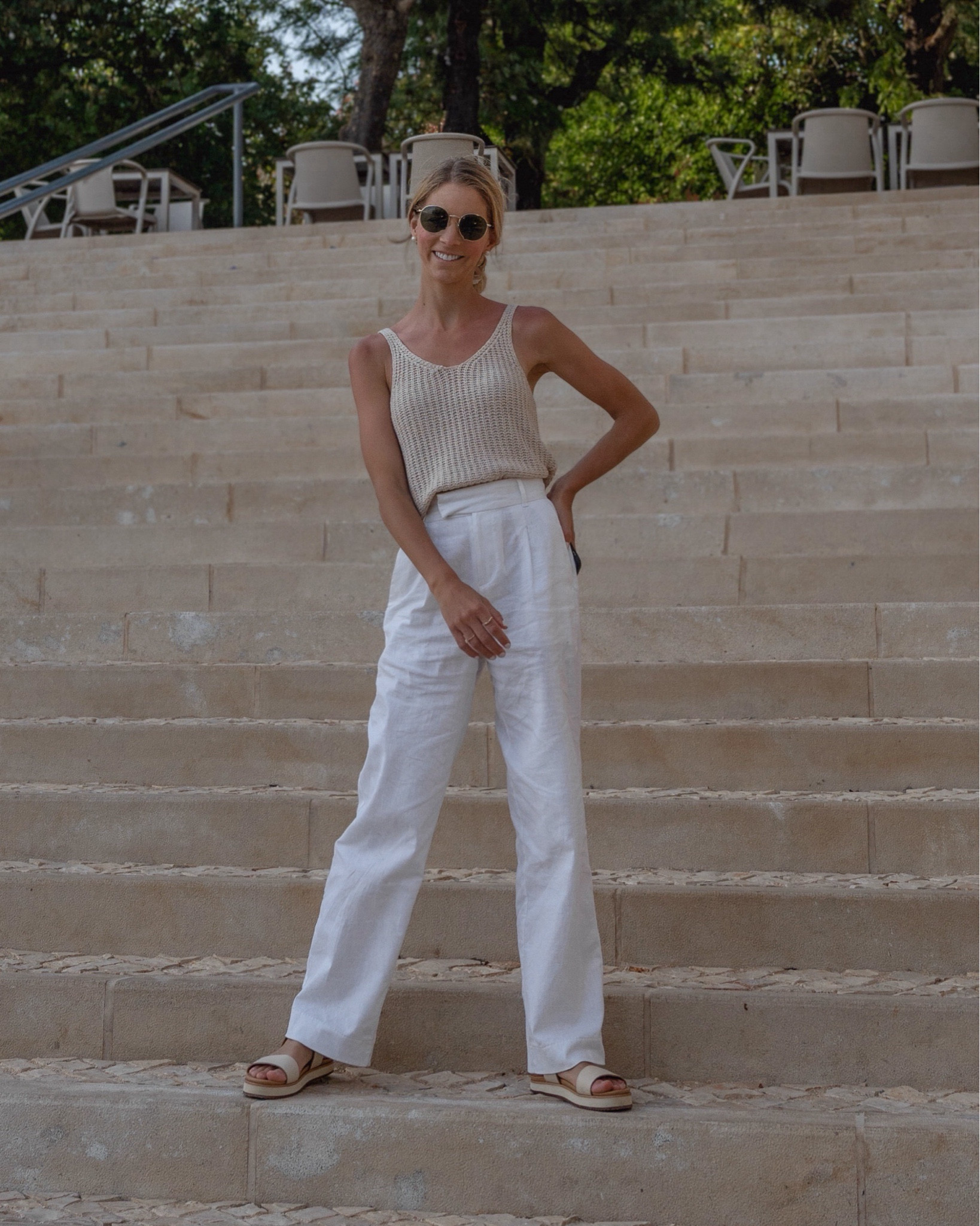 Summer uniform just living in linen - these white linen pants are everything - classic, chic and can be paired with just about any top giving you a polished yet comfortable look.

Perfect for those hot summer days when you need to still look put together and stay cool all at the same time.

Also, I wore these sandals all over Europe. Super comfortable - You really can't go wrong! Fit tts.

Vacation outfit, travel outfit, resort wear, linen blazer, linen pants, jcrew, Abercrombie, Sloan pants, summer style, summer outfit, chic, classic style, preppy, European style, what to pack for Europe, summer abroad, honeymoon, linen pants, trousers, white pants, what to wear in Italy, Portugal, Spain, Amalfi Coast, France, coastal, beach day, knit tank, sweater tank, knit top, Sézane 

#LTKTravel #LTKShoeCrush #LTKStyleTip