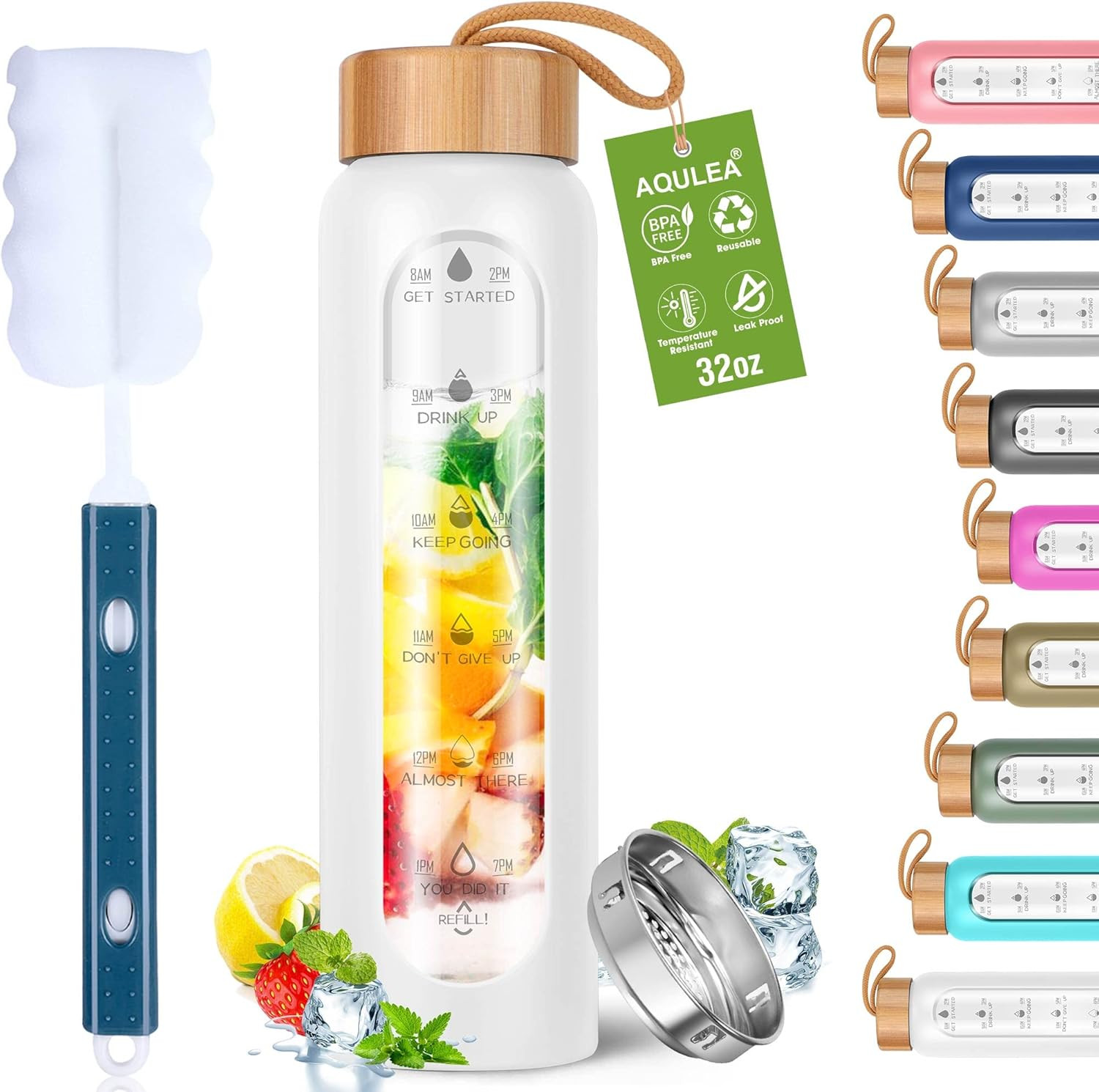 Aqulea Glass Water Bottles 32 Oz with Silicone Sleeve - BPA Free Reusable Wide Mouth Glass Motiva... | Amazon (US)