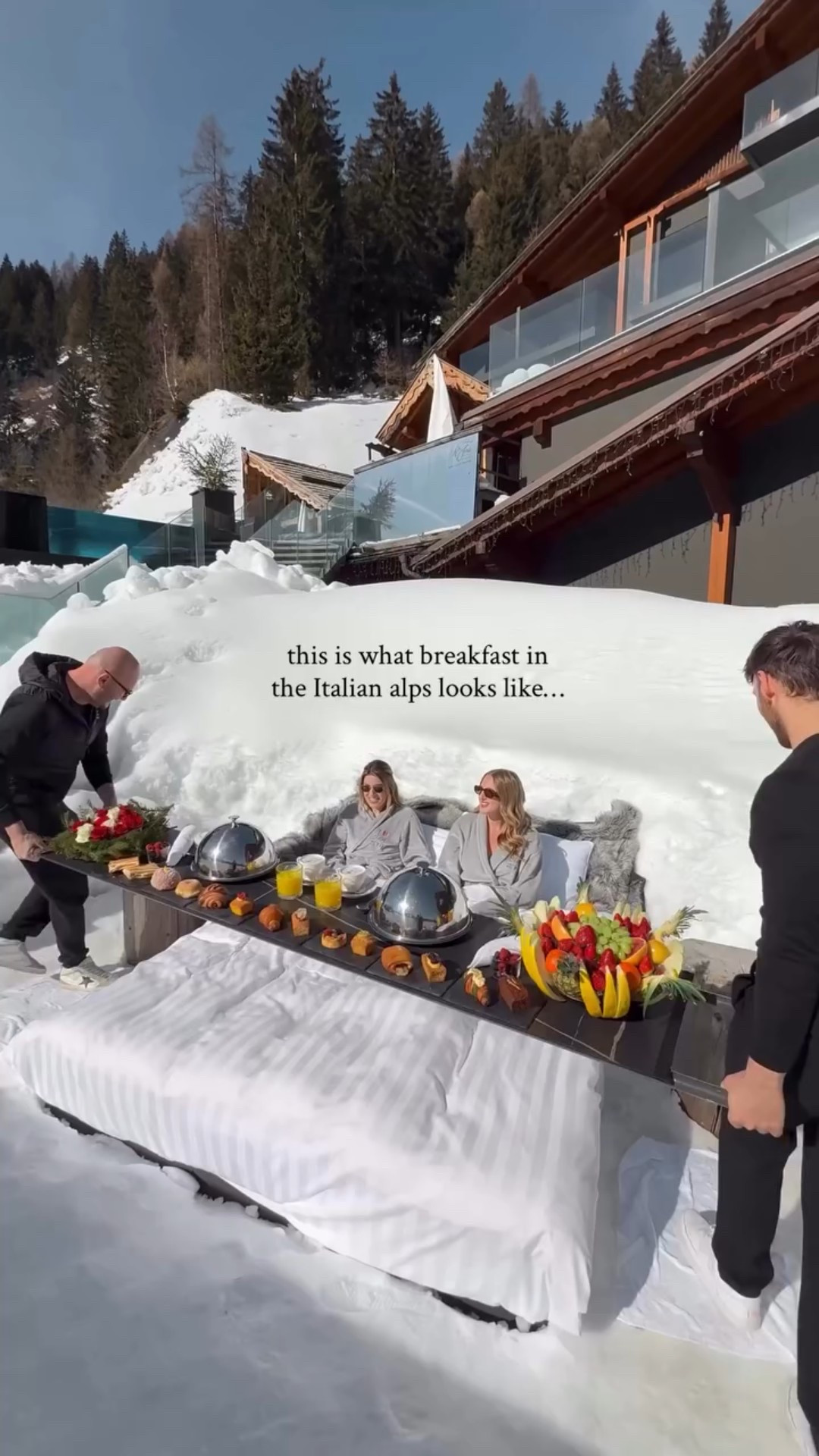 breakfast in bed ❄️ would you eat break at in a heated snow bed with panoramic views views of the Italian alps? This luxury hotel’s experiences are truly once-in-lifetime & it needs to be on your travel bucket list!

Comment BREAKFAST for a link to book this stay!📍@chalet_al_foss 

#dolomites #italy #breakfast #luxuryhotel #slowtravel luxury travel, luxury traveler, best hotels, hotel breakfast, Dolomites italy, italy travel, travel reels