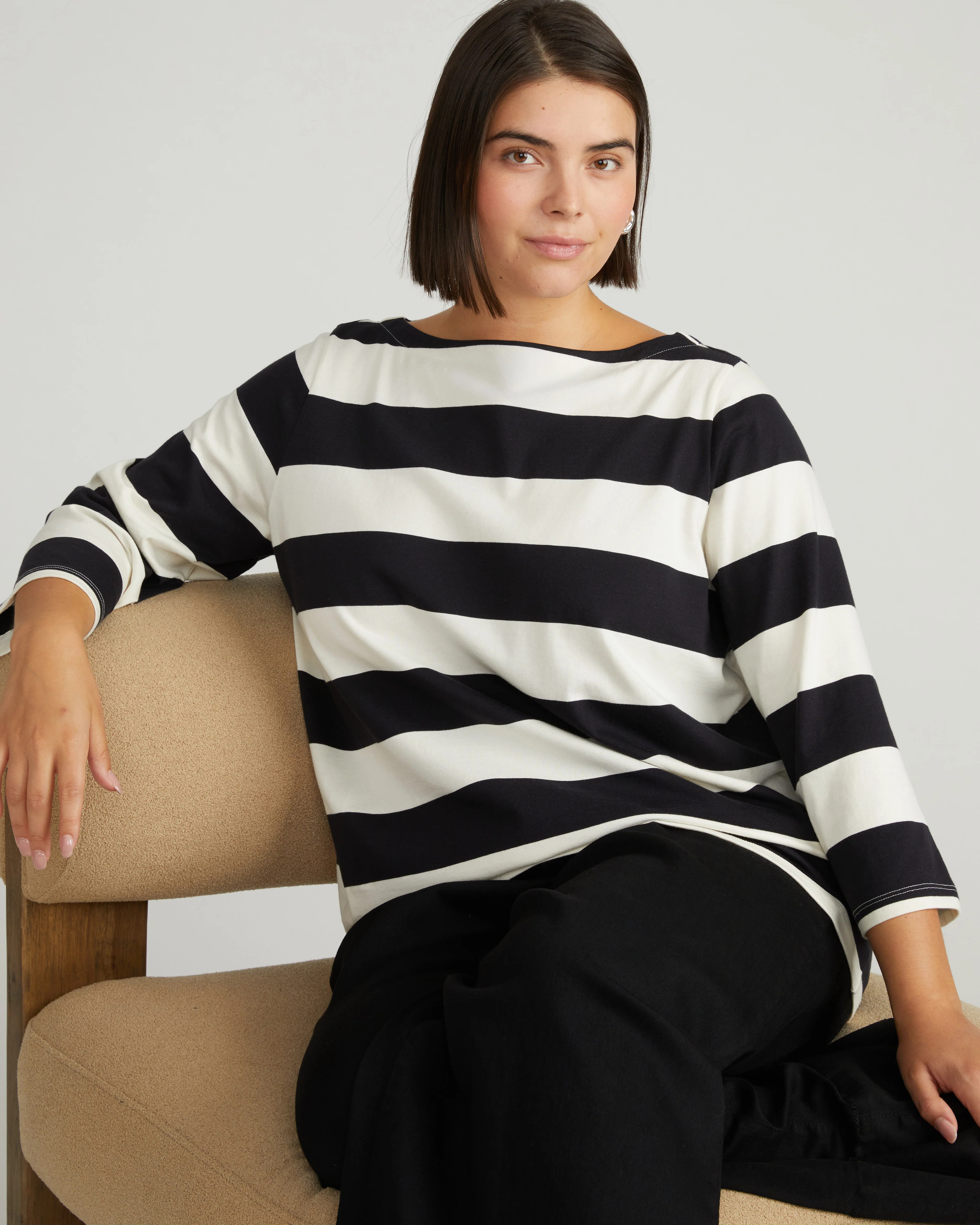 Belle Breton Stripe Jersey Tee - Ecru/Black Rugby Stripe | Universal Standard