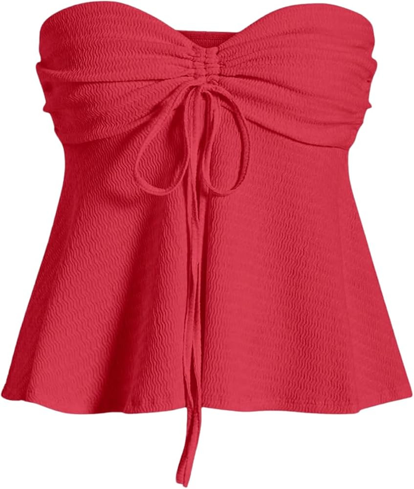 Milumia Women Tie Front Ruched Tube Top Summer Strapless Flared Hem Peplum Bandeau Tops | Amazon (US)