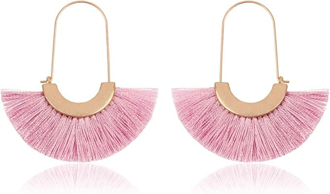 Bohemian Silky Thread Tassel Strand Fringe Statement Hoop Earrings - Lightweight Semi Circle Fan ... | Amazon (US)