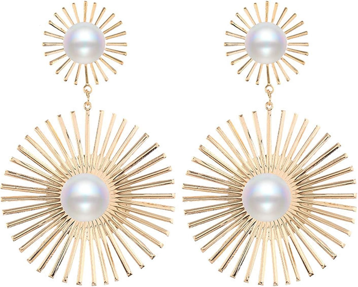 Large Round Geometric Pearl Dangle Earrings Studs Gold Sun Exaggerated Drop Statement Earrings Wo... | Amazon (US)