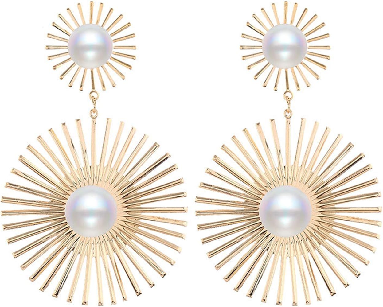 Large Round Geometric Pearl Dangle Earrings Studs Gold Sun Exaggerated Drop Statement Earrings Wo... | Amazon (US)