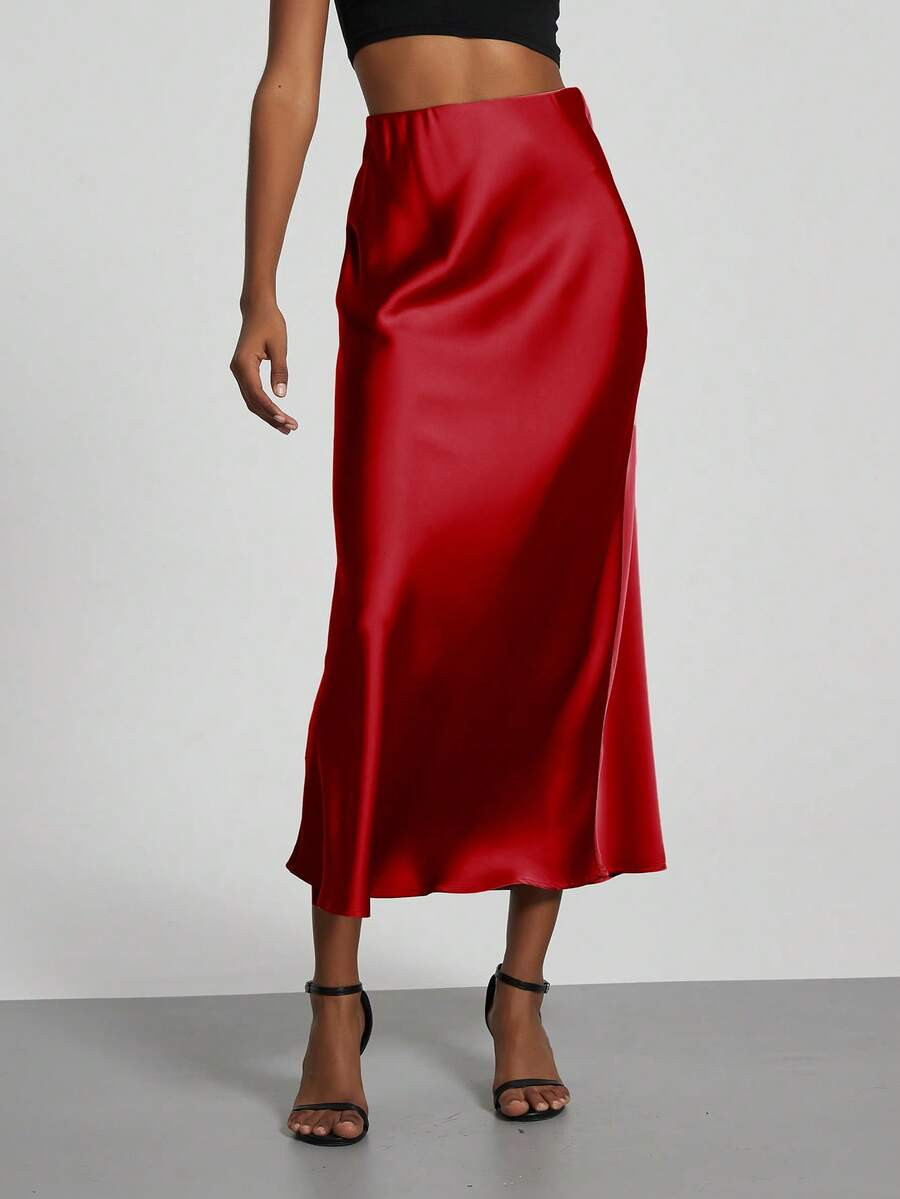 Se-Hore Fashion Women's Elastic Satin Finish Maxi Skirt, Suitable For All Seasons | SHEIN