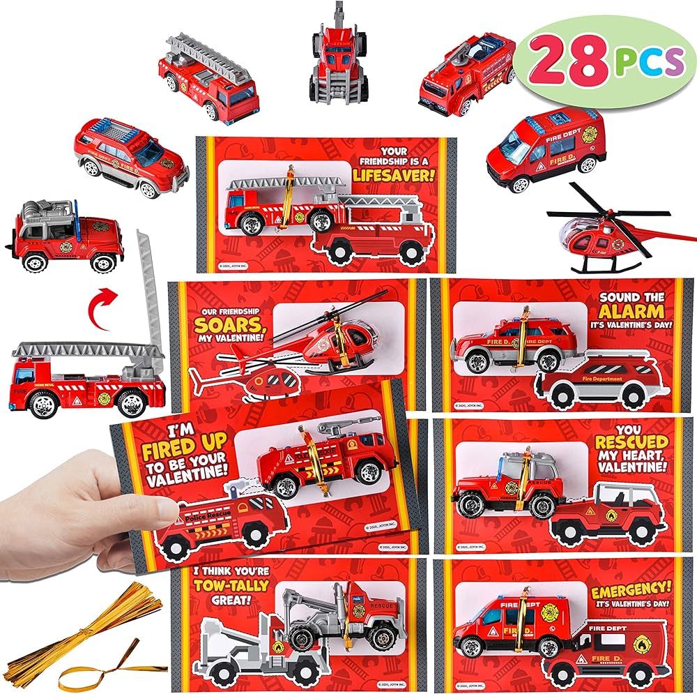 JOYIN 28 Packs Valentines Day Cards with DieCast Fire Rescue Vehicles Toys for Kids Valentine Par... | Amazon (US)