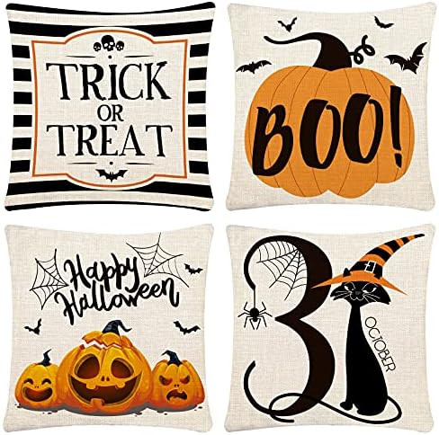 Halloween Pillow Covers 18x18 Set of 4 Trick or Treat Pillow Covers Happy Halloween Linen Sofa Be... | Amazon (US)