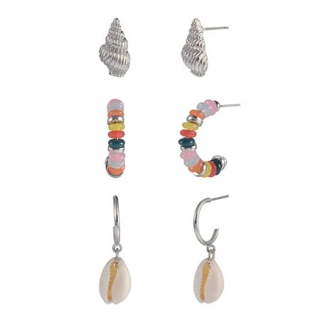 Time and Tru Adult Female Silver-Tone Metal Shell Cowrie Shell and Beaded Multi Earring Set - 3 Pairs | Walmart (US)