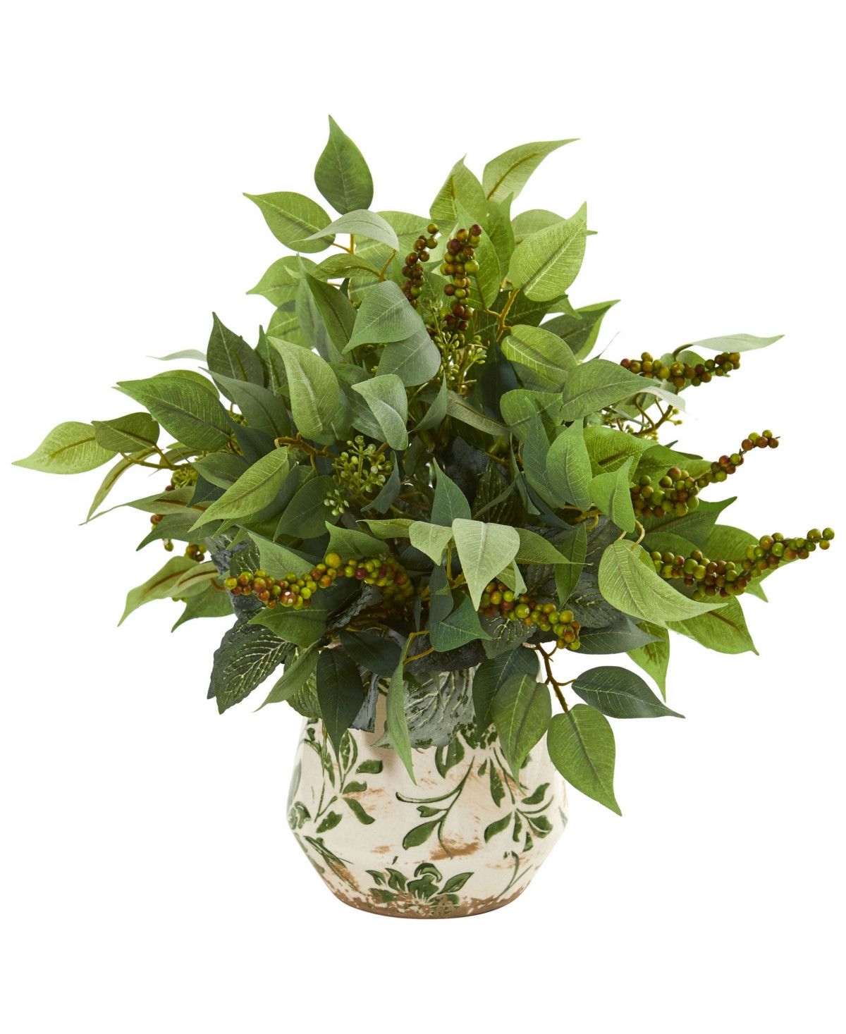 Nearly Natural Mixed Ficus, Fittonia and Berries Artificial Plant in Floral Vase - Green | Macy's