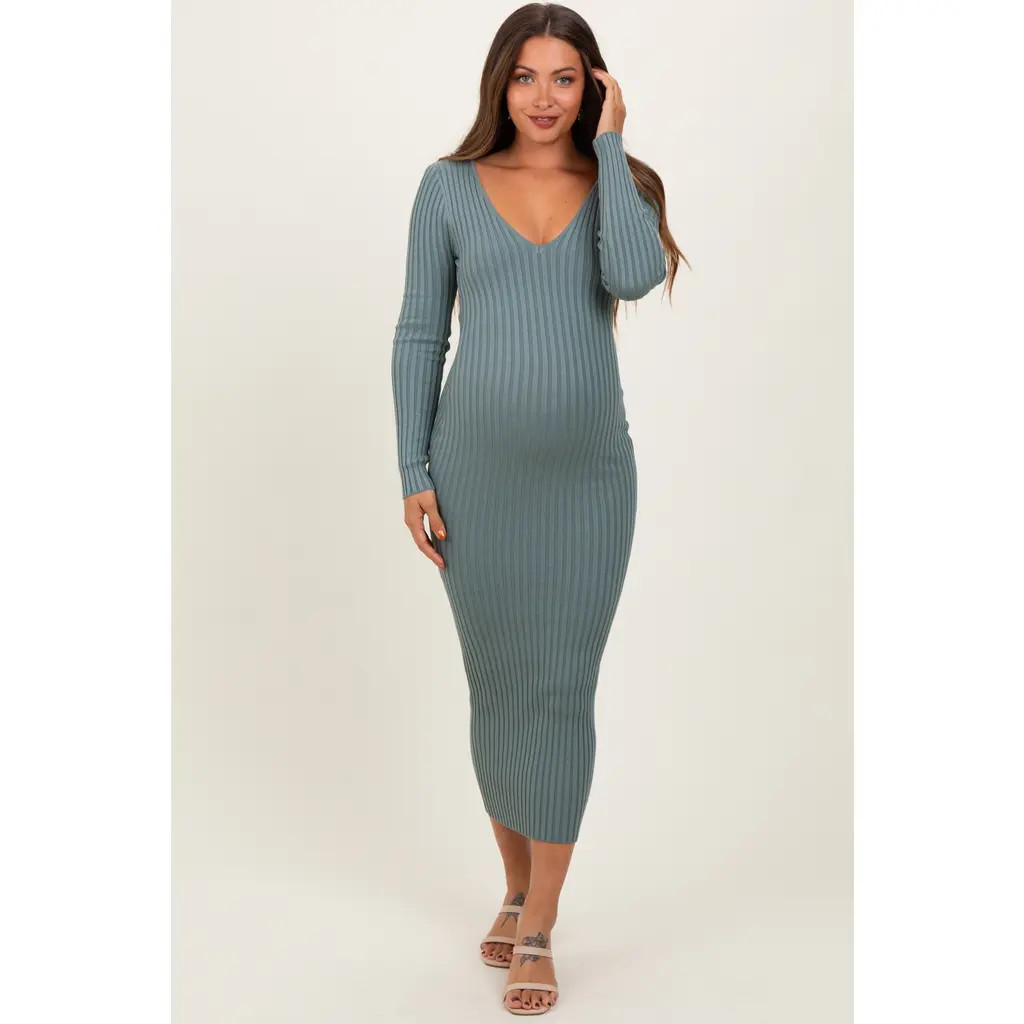 PinkBlush V-Neck Long Sleeve Fitted Maxi Dress in Jade at Nordstrom, Size Medium | Nordstrom