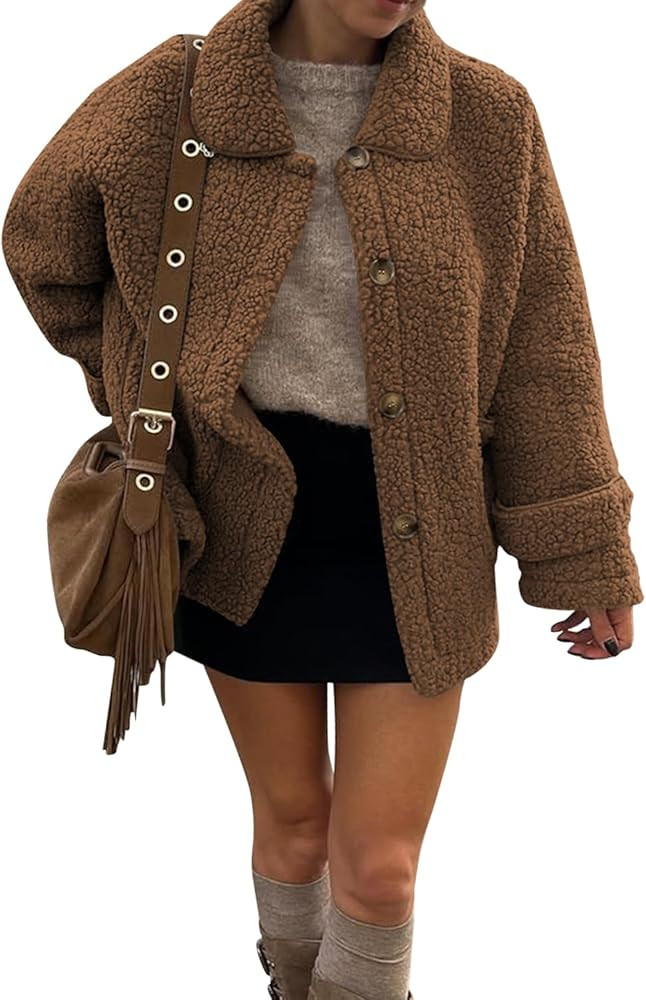 Women's 2025 Fall Winter Coats Lapel Collar Fleece Sherpa Jackets Daily Long Sleeve Coats with Po... | Amazon (US)