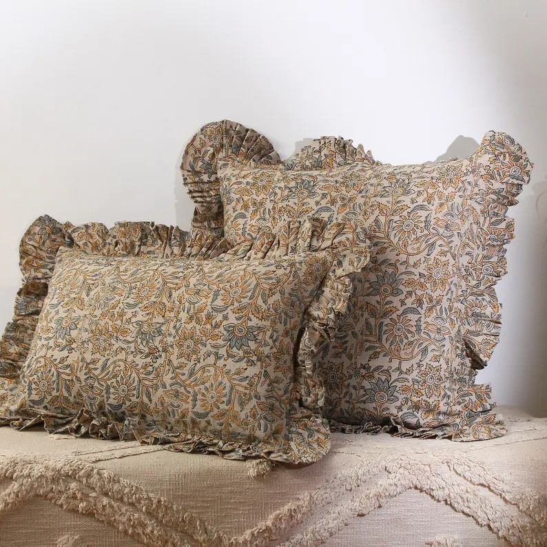 Ruffle Linen Floral Pillow Cover Set: 14x22 & 20x20 Hand Block Printed Cushion | Neutral Boho Thr... | Etsy (US)