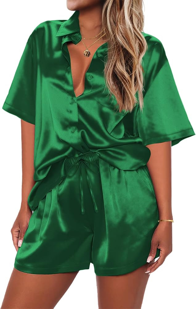 Ekouaer Pajamas for Women Silk Soft Sleepwear Short Sleeve Button Down Pjs Satin Top and Shorts 2... | Amazon (US)