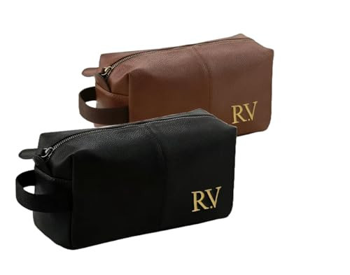 Personalised Embroidered Men's Leather Wash Bag with Strap, Black or Brown, Leather Toiletry Bag Embroidered with Initials | Amazon (UK)