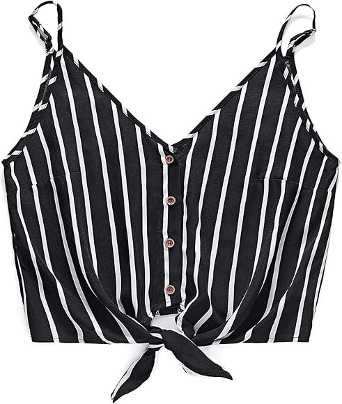 Womens V Neck Cami Blouse Tie Front Button Tank Loose Crop Top Shirts | Amazon (US)