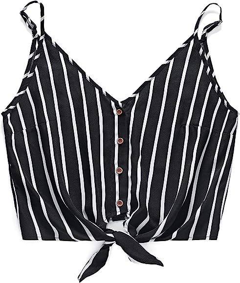 Womens V Neck Cami Blouse Tie Front Button Tank Loose Crop Top Shirts | Amazon (US)