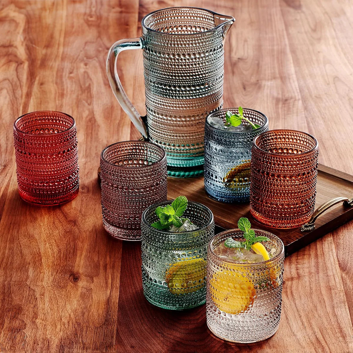 Tonal Hobnail Pitcher & Lowball Glassware Set | Plow & Hearth