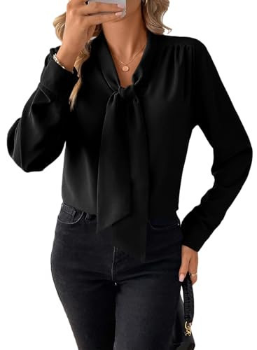 Astylish Women's Bow Tie Neck Long Sleeve Tops Casual Dressy Elegant Office Work Blouse Shirt Black X-Large | Amazon (US)